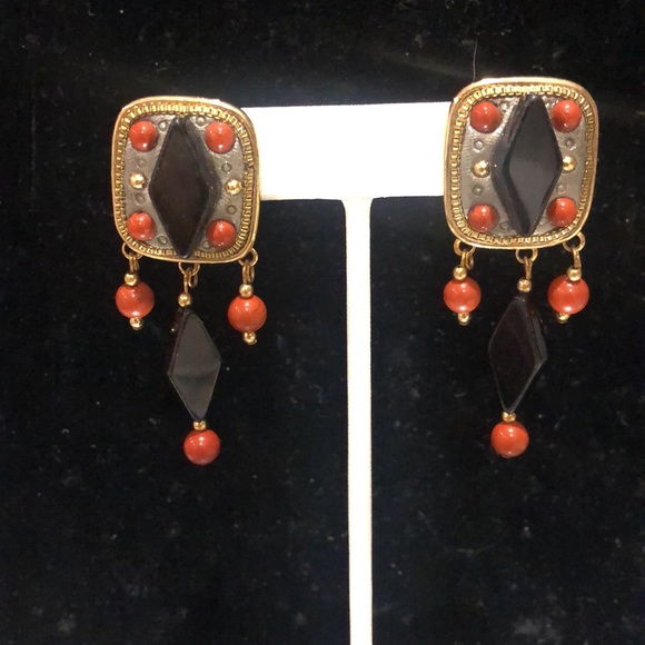 Vintage Michael Golan Onyx & Carnelian Earrings,NWT-Boutuque - Picture 8 of 11